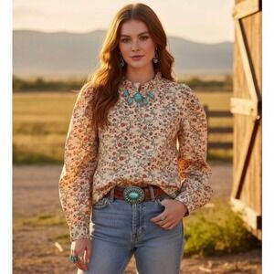 HOUSE OF HARLOW 1960 Floral Puff Sleeve Top Blouse Ruffled Nicole Richie Medium